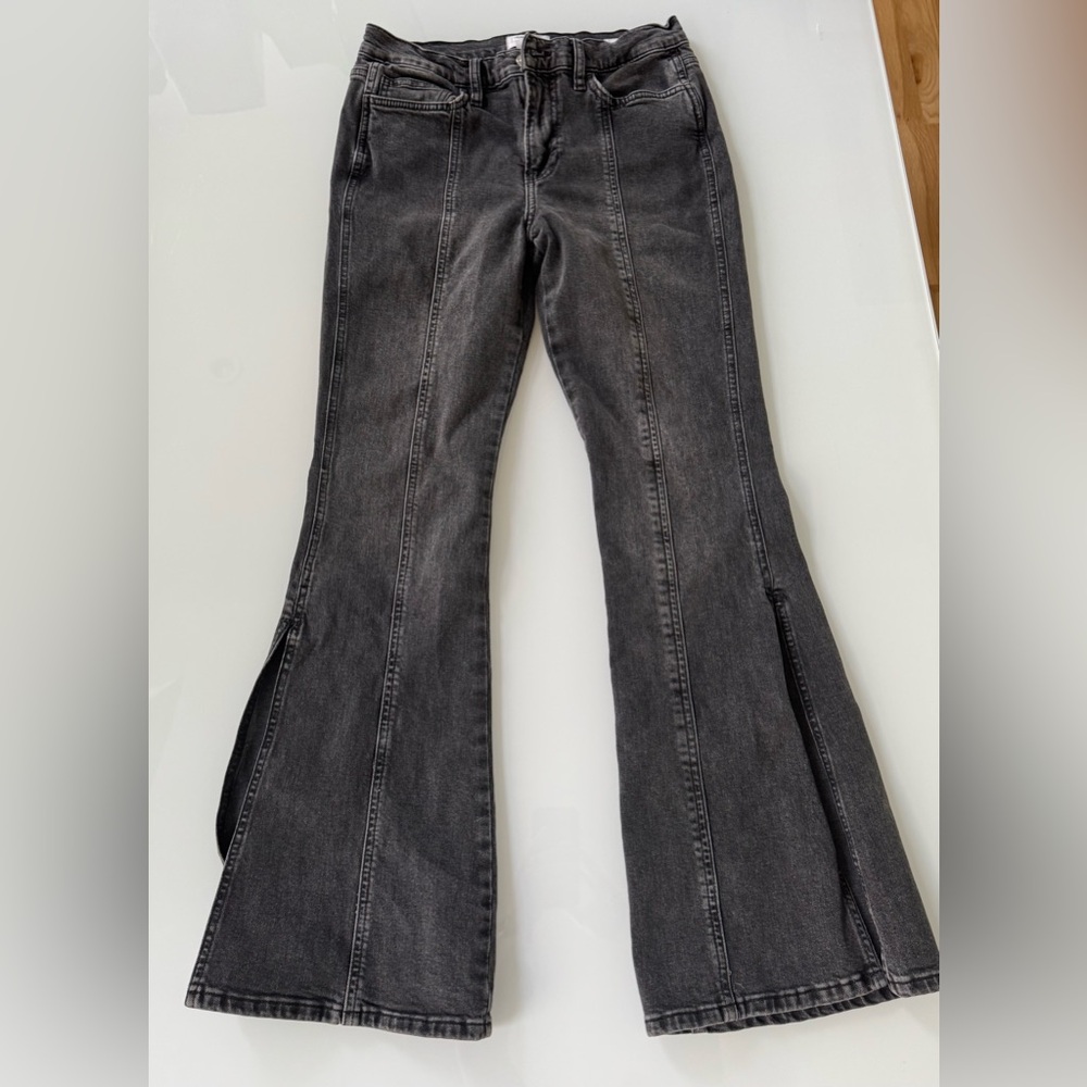 Frame Denim Black Washed Flare Jeans with Side Slits